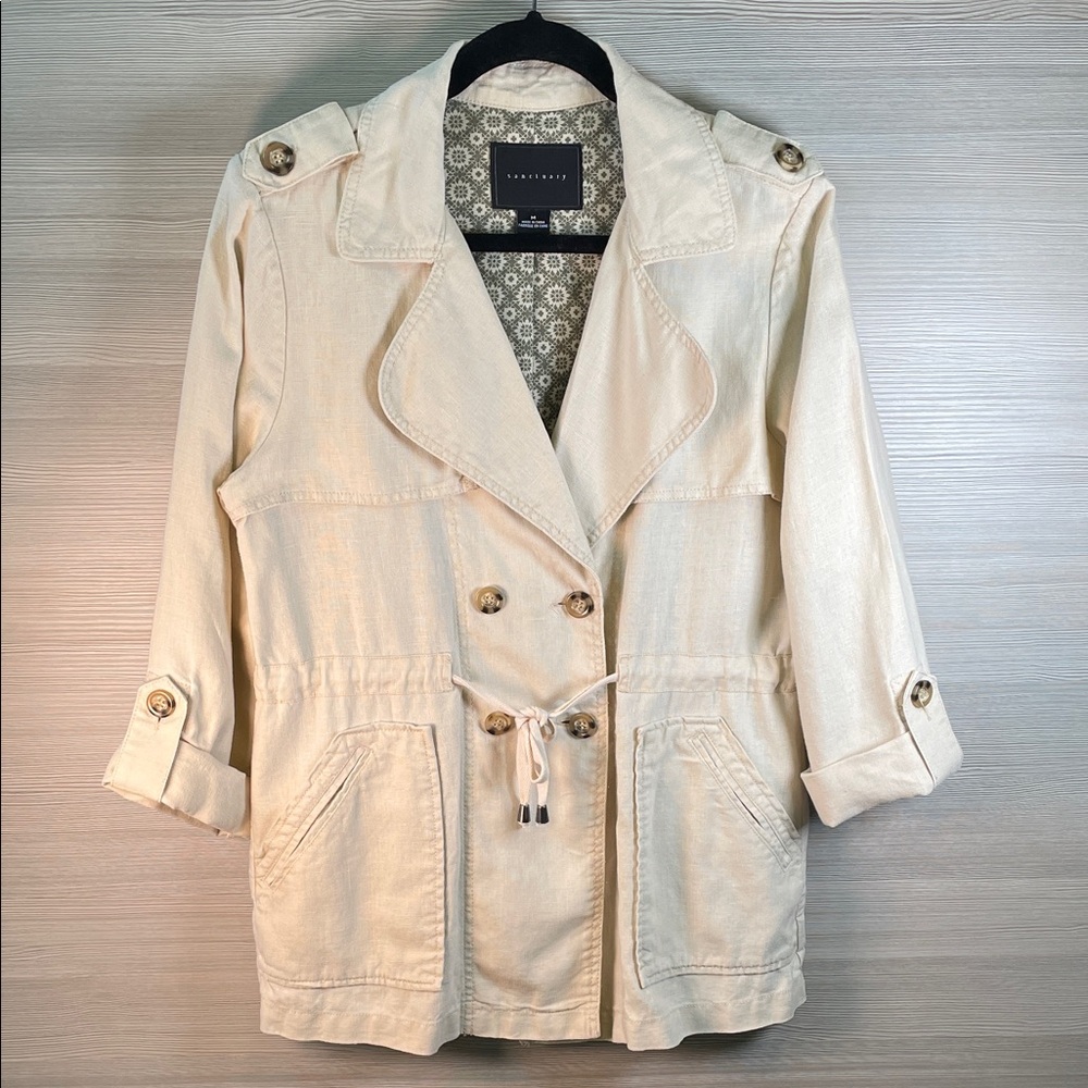 Sanctuary Linen Tan Double Breasted Tie Waist Tench Jacket | Medium